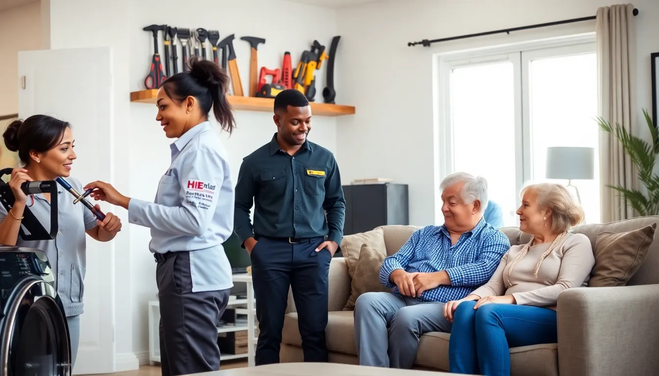 diverse team providing home maintenance services in a modern living room.