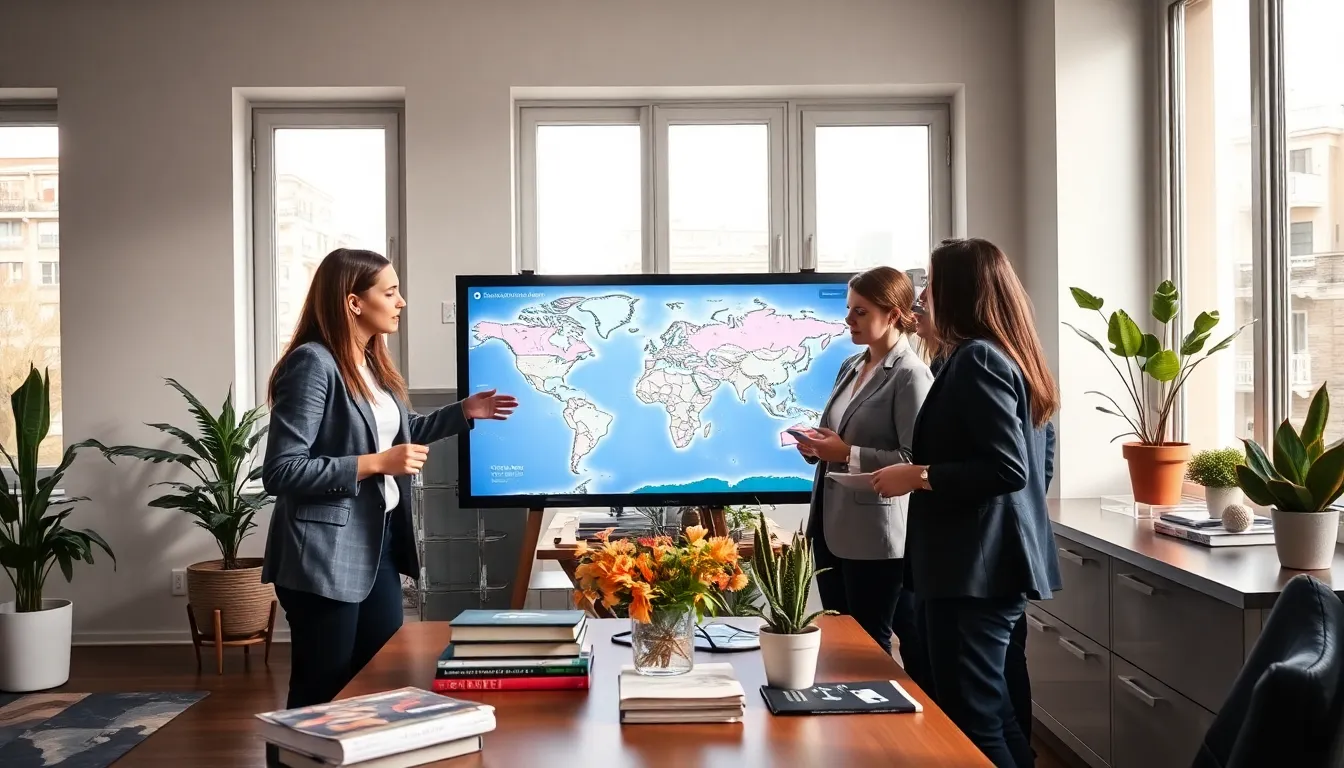 diverse professionals collaborating on travel planning in a modern home office.