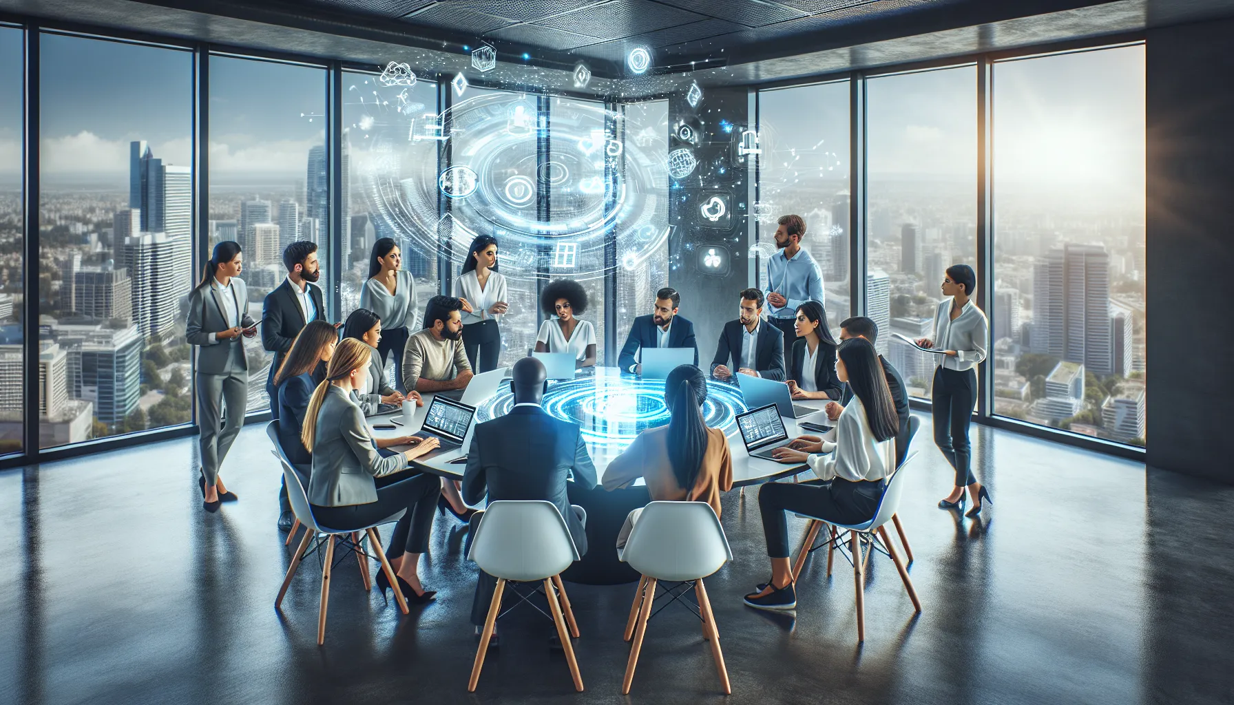 diverse team collaborating in a modern office on technology trends.