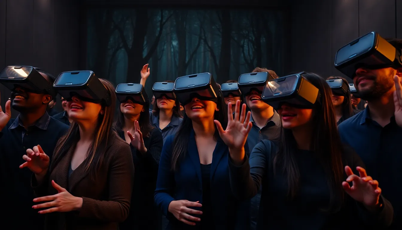 diverse individuals experiencing virtual reality in a modern cinema setting.