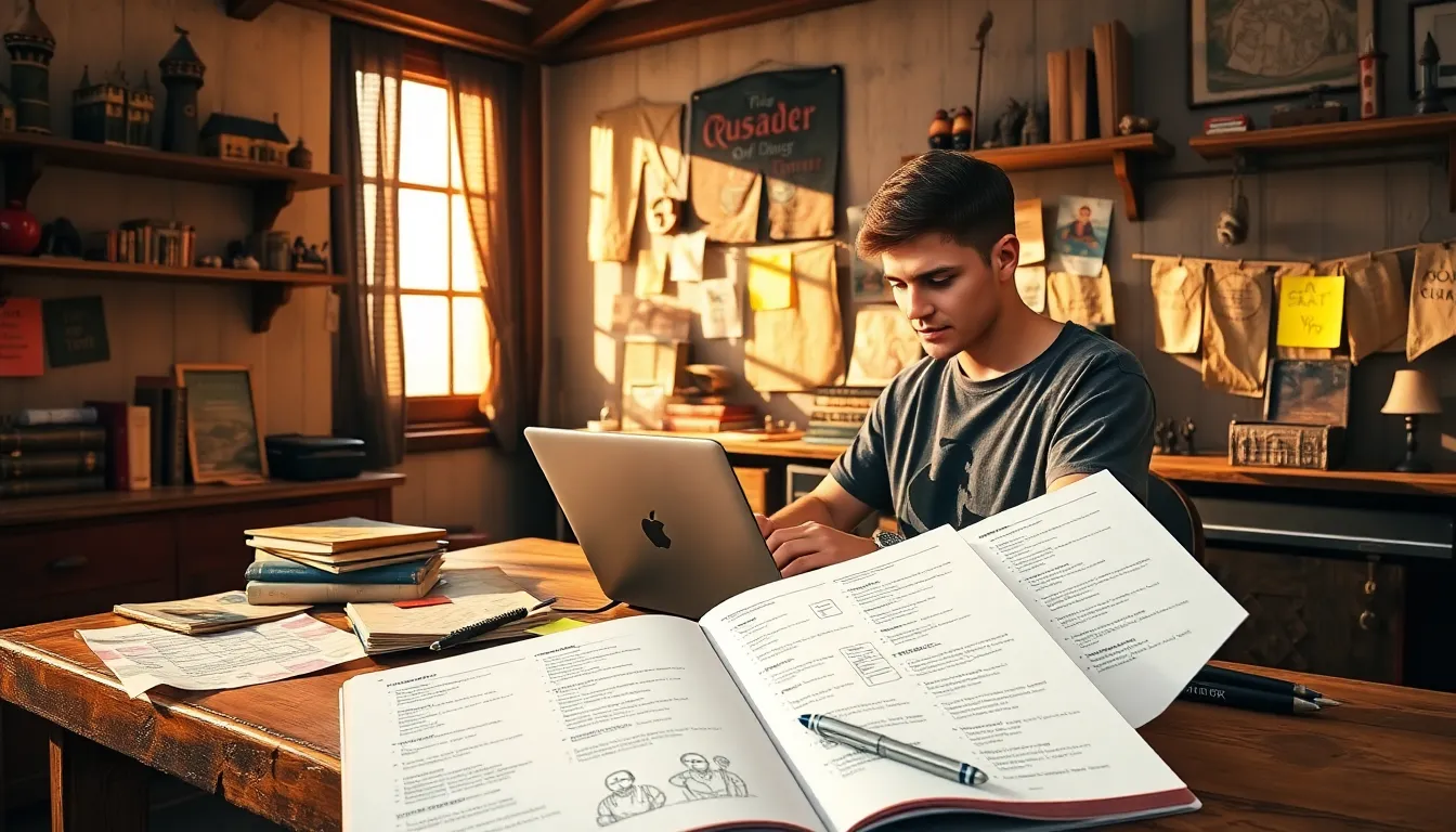 a gamer creating medieval characters on a laptop in a cozy room.