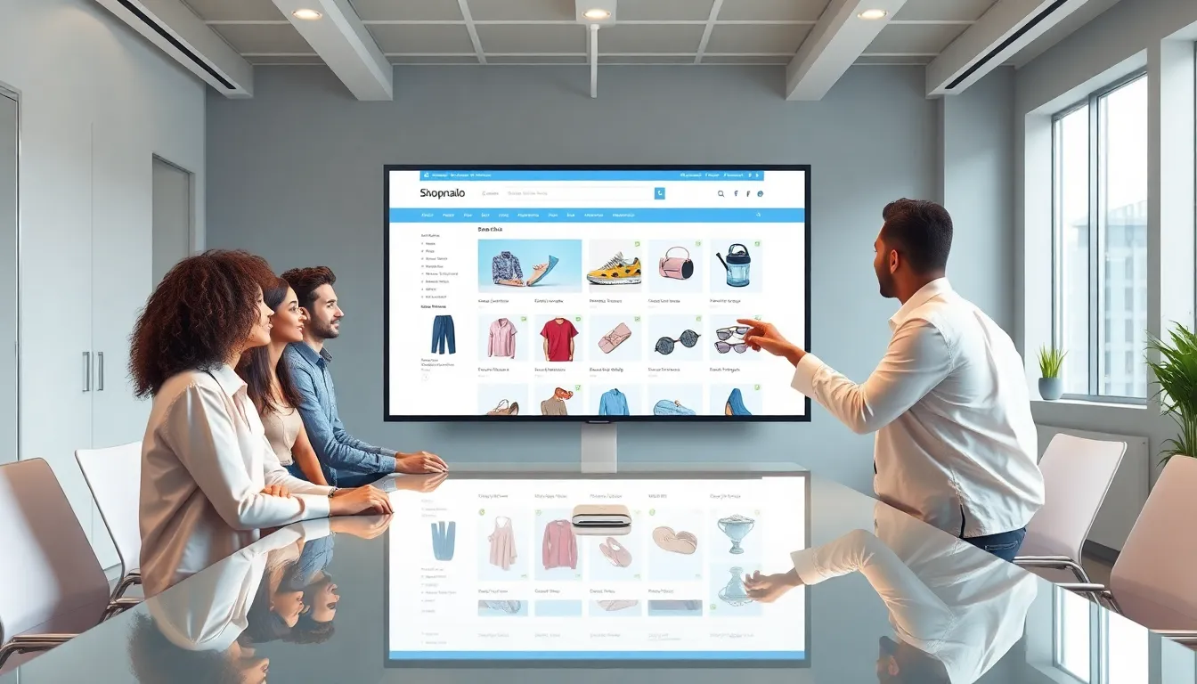 Professionals discussing the Shopnaclo online shopping platform in a modern office.