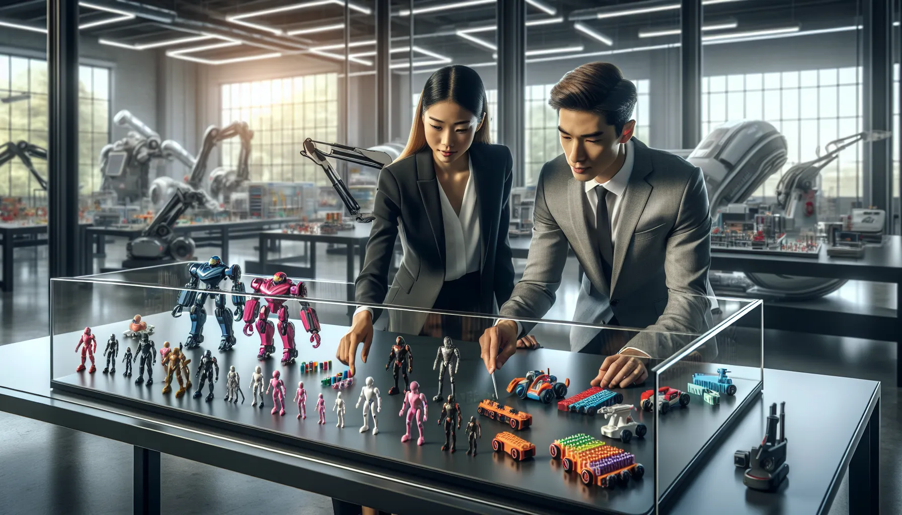 diverse team examining toys in a modern workspace.