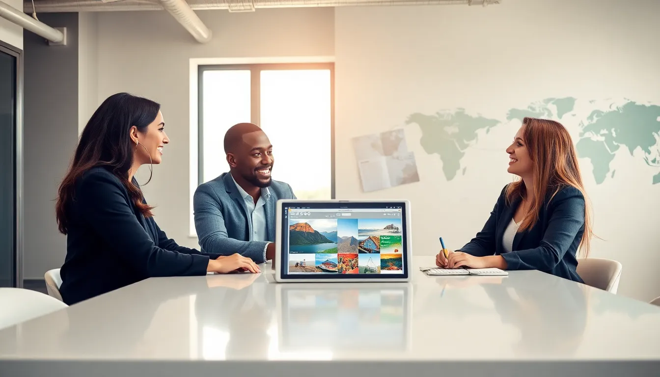 diverse professionals discussing global vacation networks in a modern office.