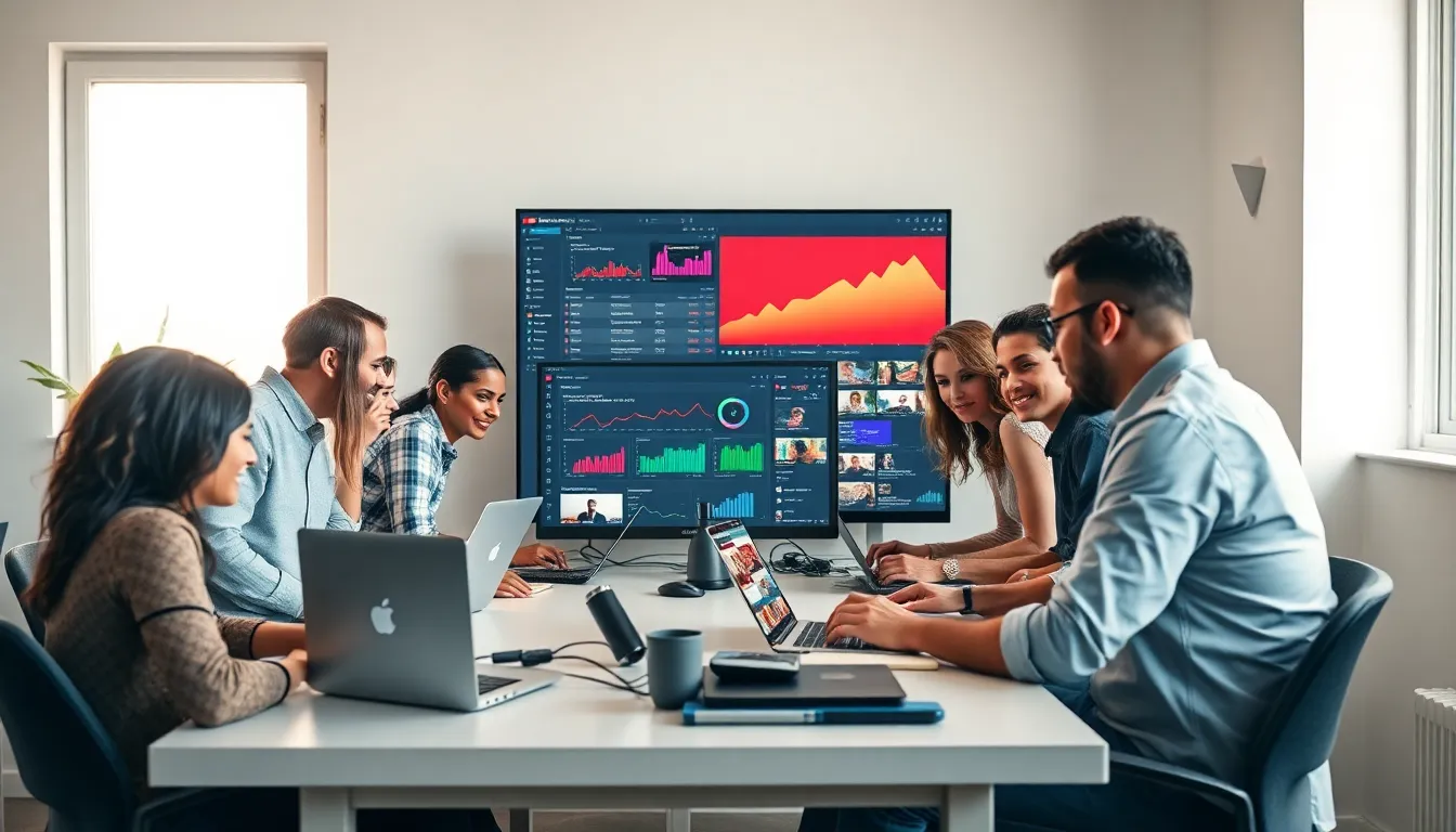 diverse creators analyzing YouTube Studio metrics in a modern office.