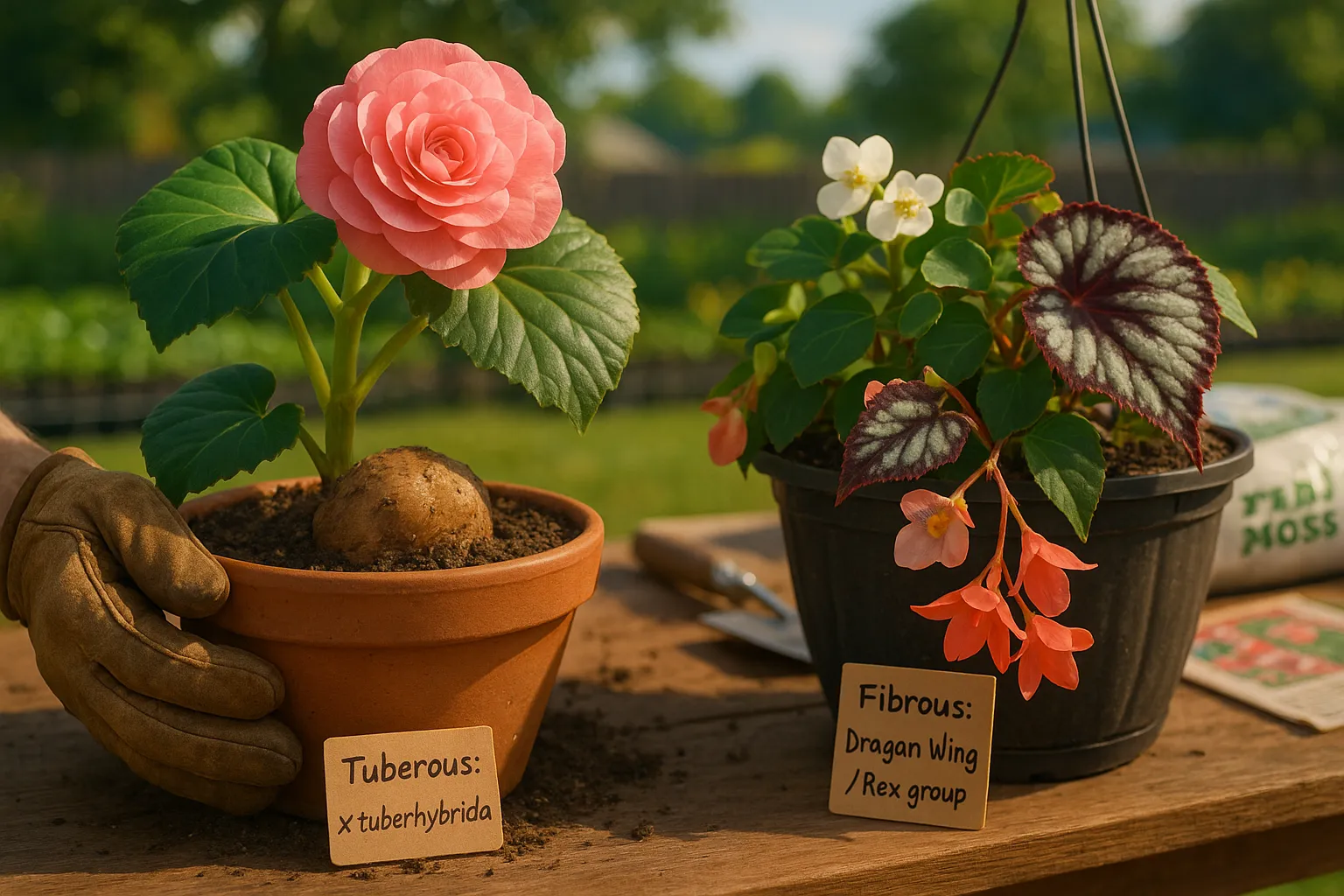 Side-by-side tuberous and fibrous begonias showing tuber, roots, and leaf differences.
