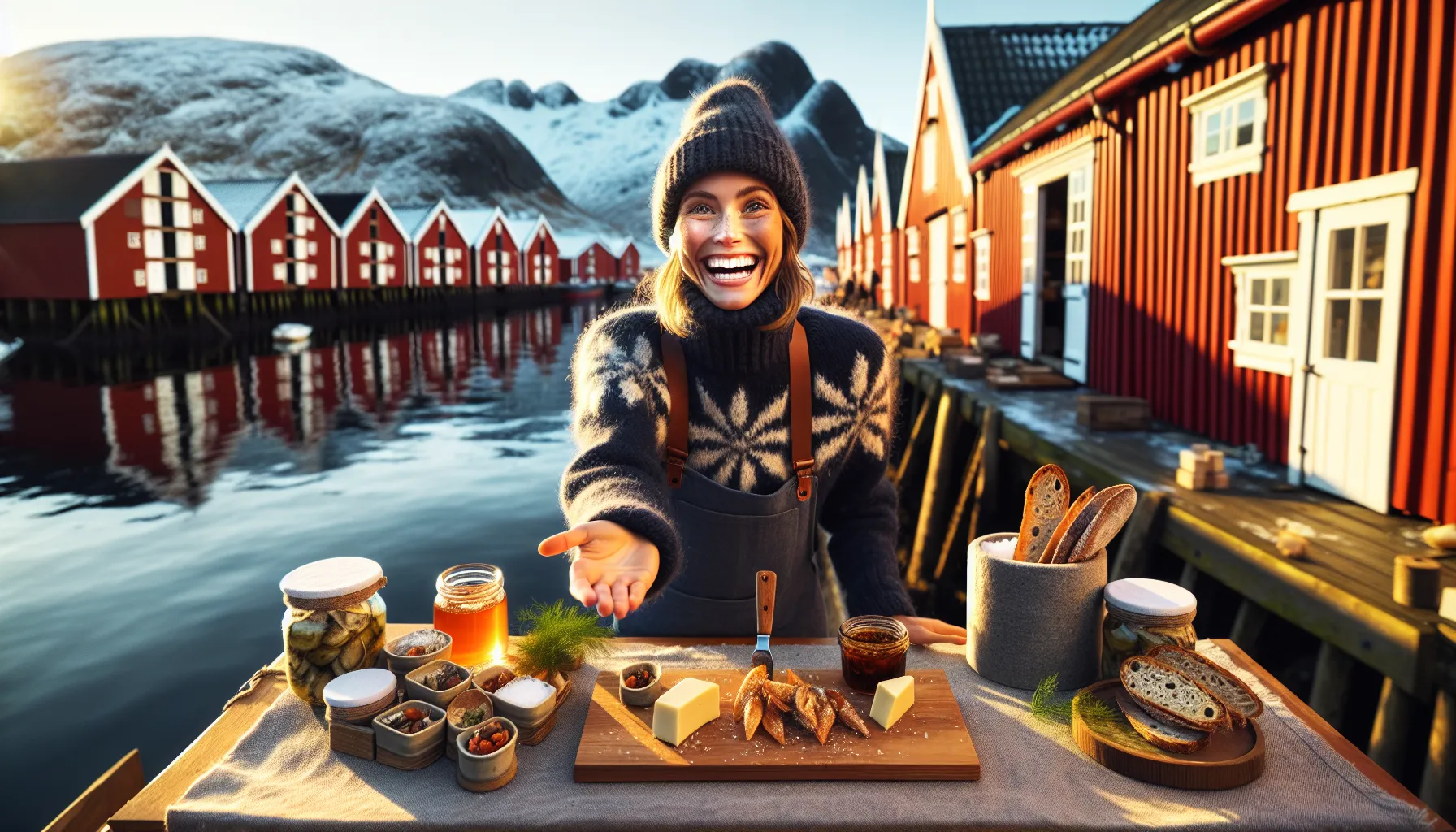 Norwegian producer serving local tastings at a fjordside food festival.