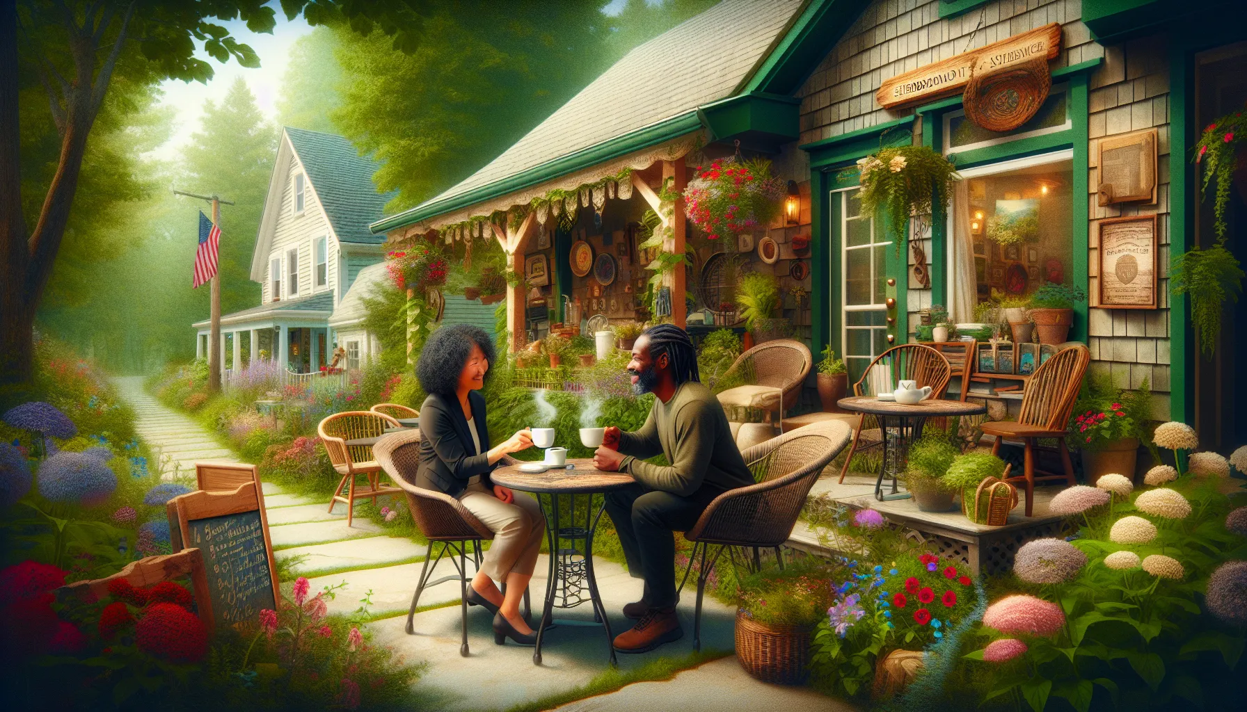 couple conversing with a host at a charming bed-and-breakfast.