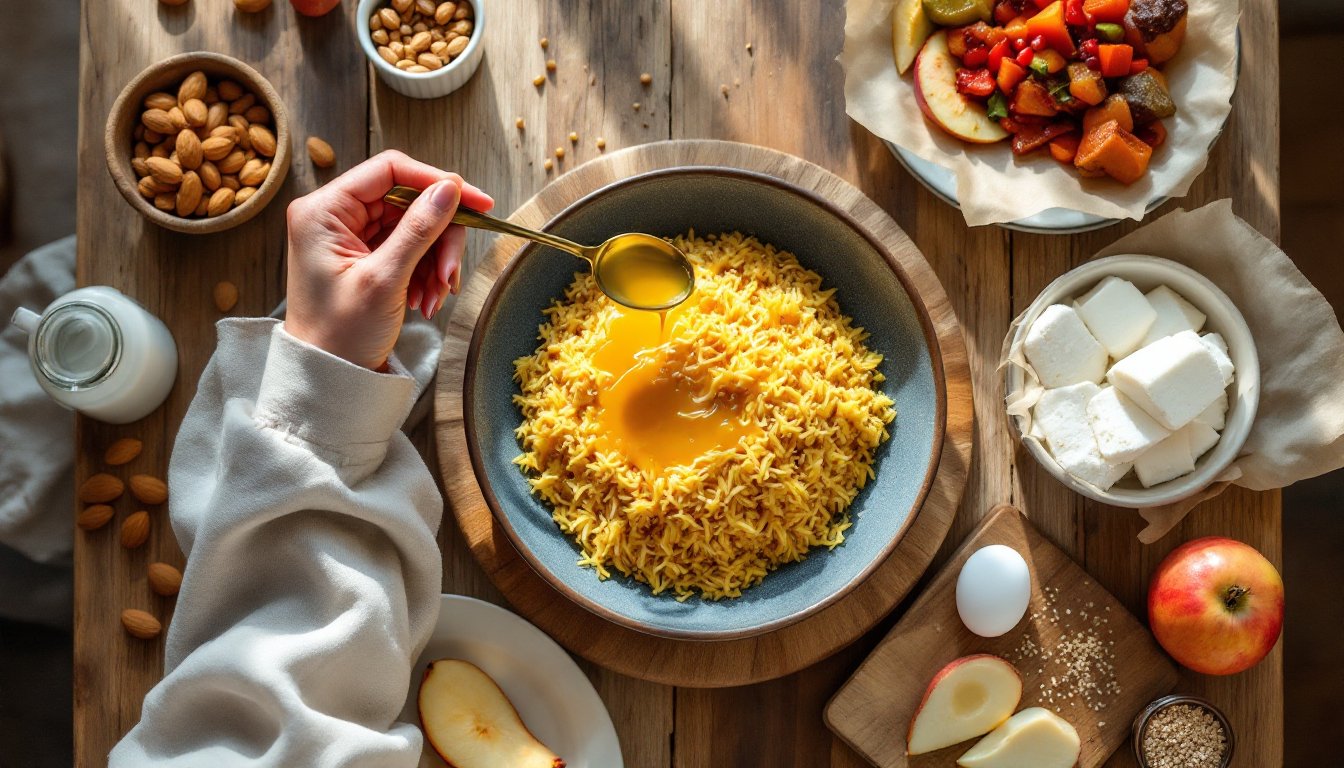 A warm Ayurvedic meal of rice, dal, ghee, almonds, and pomegranate on a wooden table.