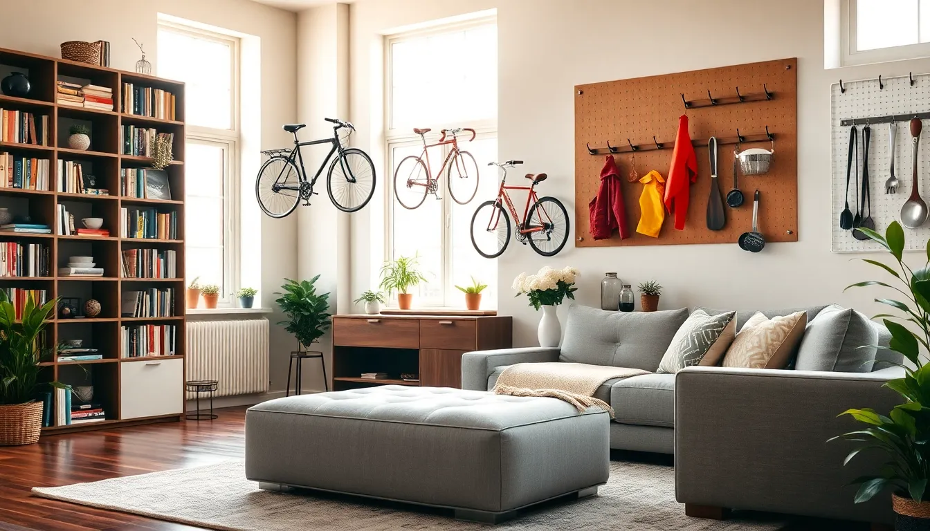 a stylish living room with creative storage solutions and vertical shelves.