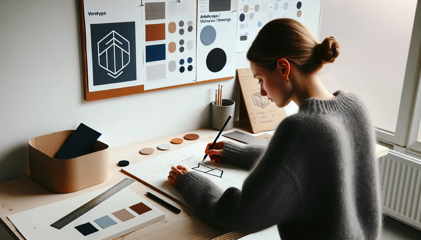 Norwegian designer mapping brand story and sketching a forward-motion logo.