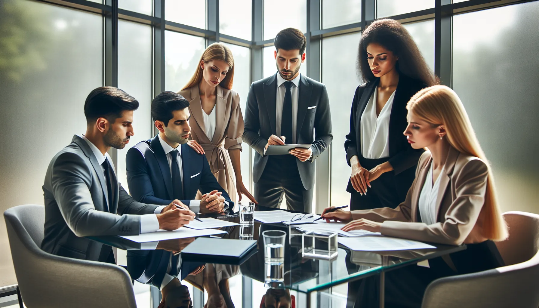 diverse legal team discussing compliance issues in a modern office.