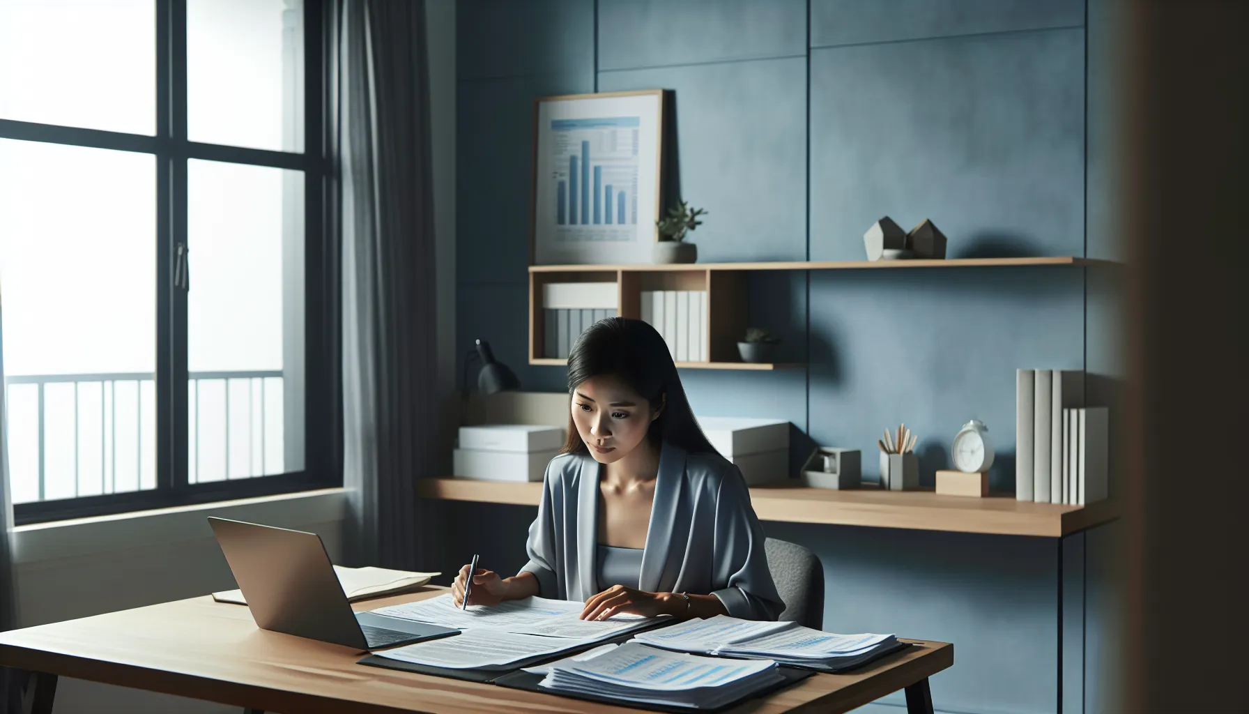 A person reviewing tax documents on a neat home office desk.
