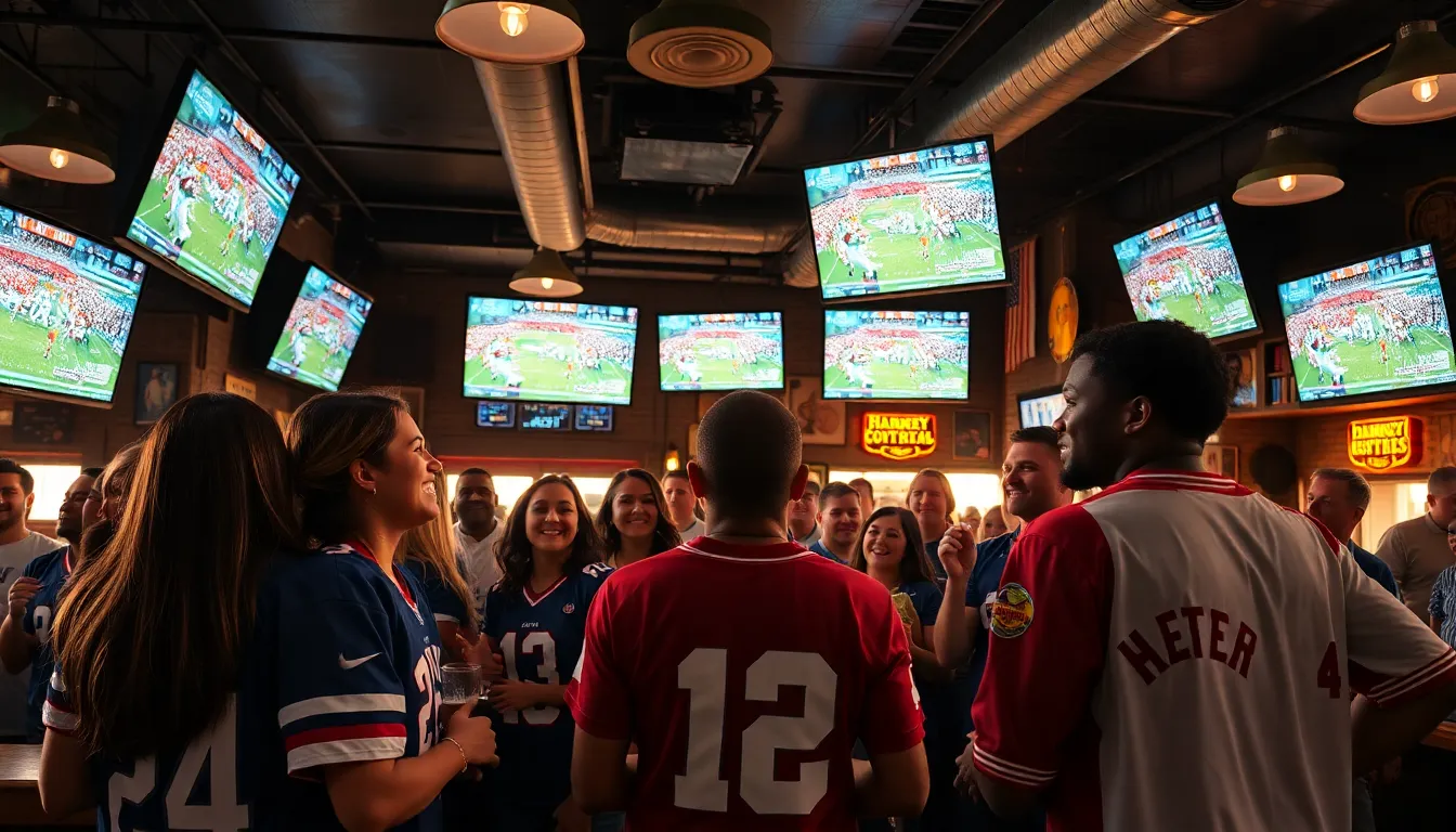 fans enjoying a lively sports bar atmosphere while watching games on large screens.