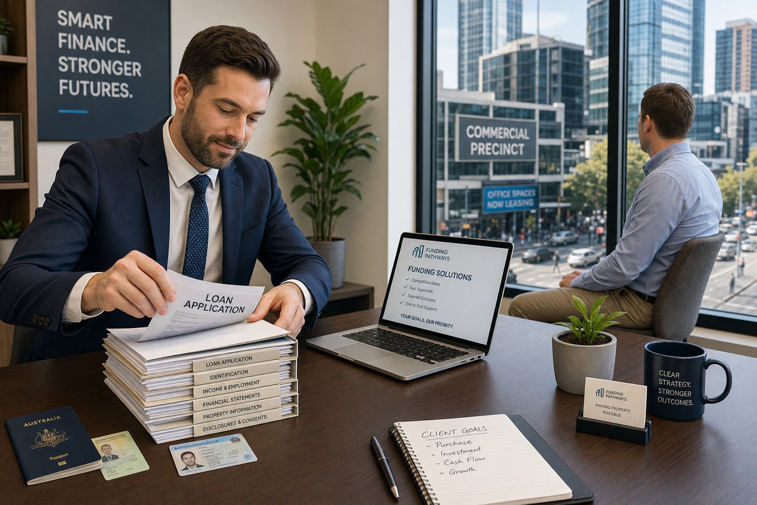 Broker preparing a complete loan application quickly in a modern office overlooking a commercial area.
