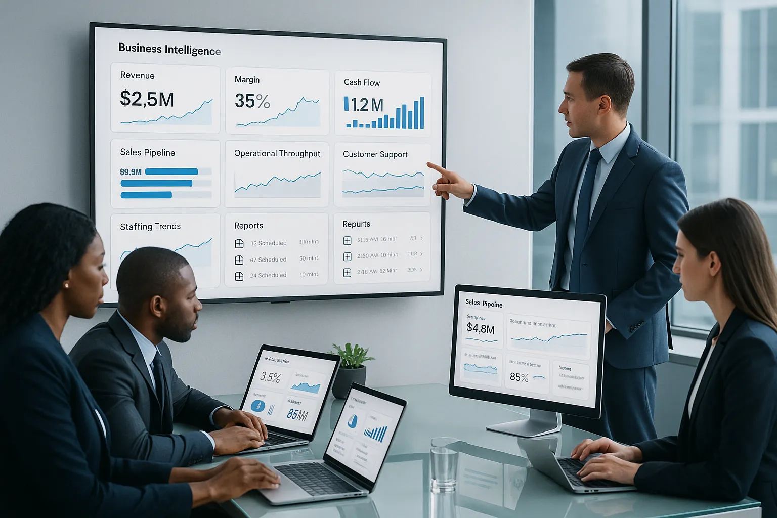 Professionals reviewing KPI dashboards and business reports in a modern office.