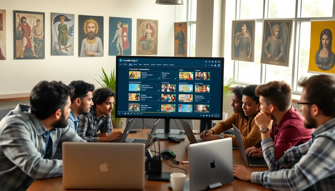 diverse group of gamers collaborating on character creation for a game.