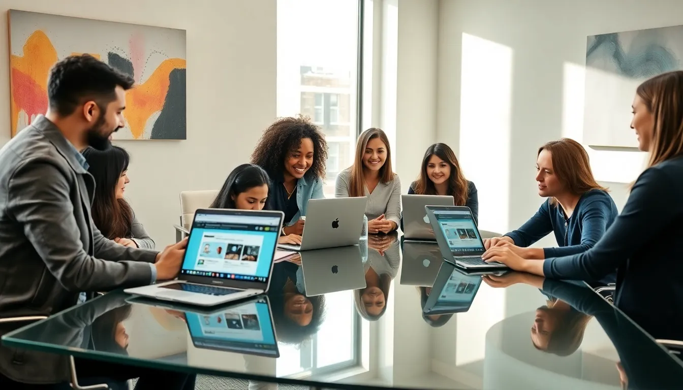 diverse professionals collaborating around laptops in a modern office.