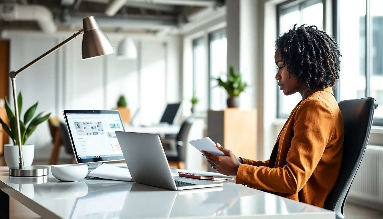 A freelance UX designer working at a modern desk with laptops and sketches.