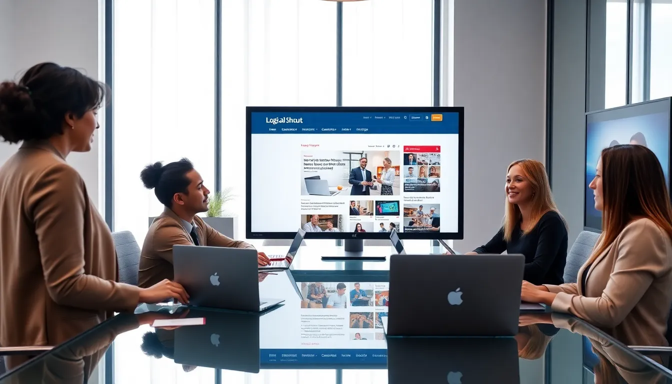 Different professionals collaborate on content in modern office.