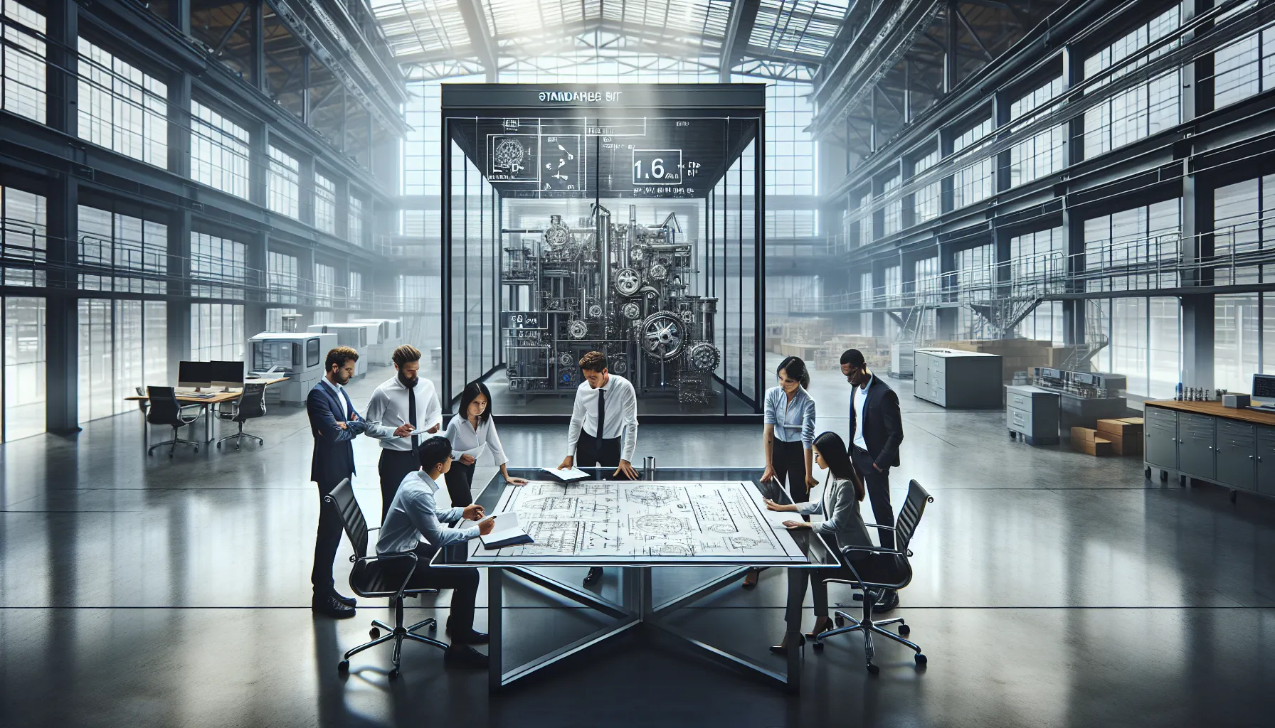 engineers collaborating in a modern workspace about specific dimensions.