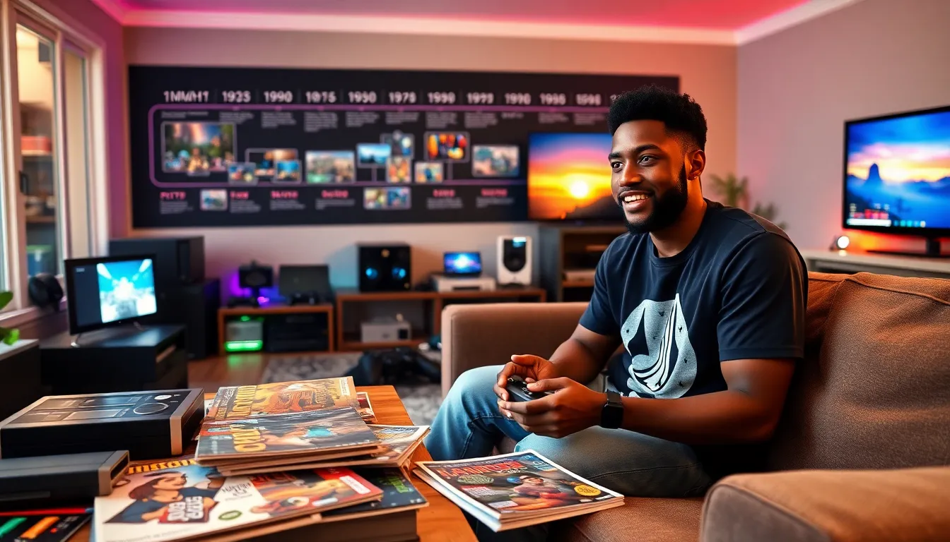 a young man playing a retro Atari game in a cozy living room.