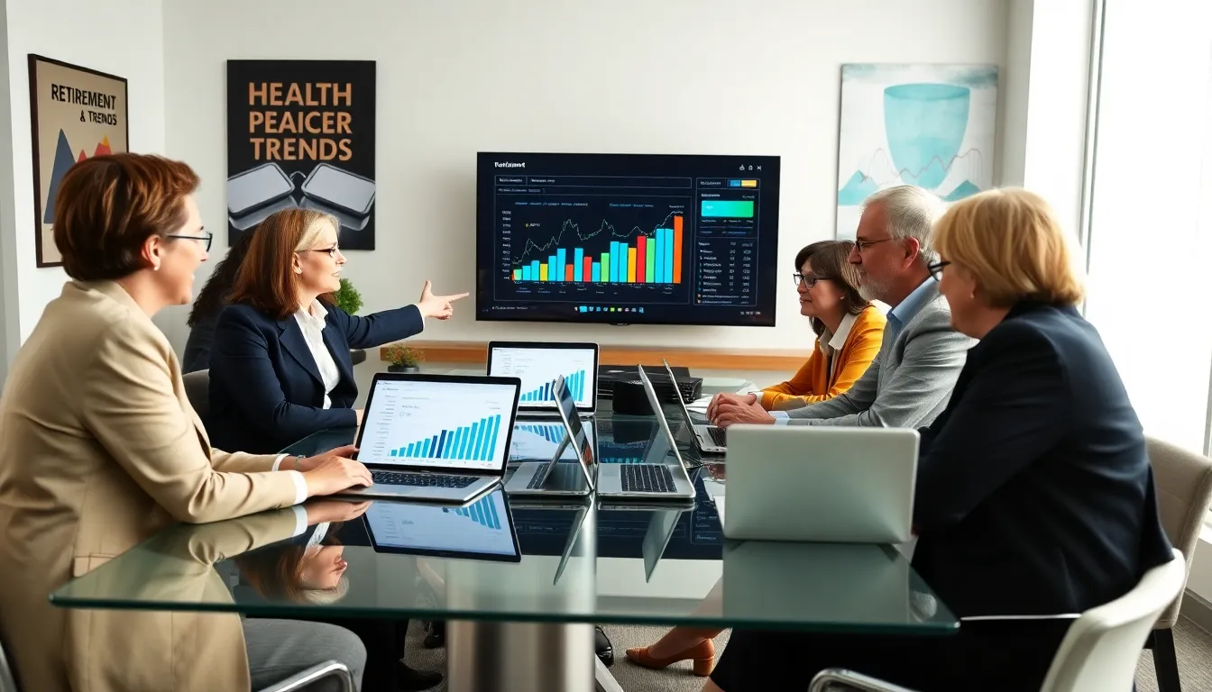 professionals discussing retirement planning in a modern office.