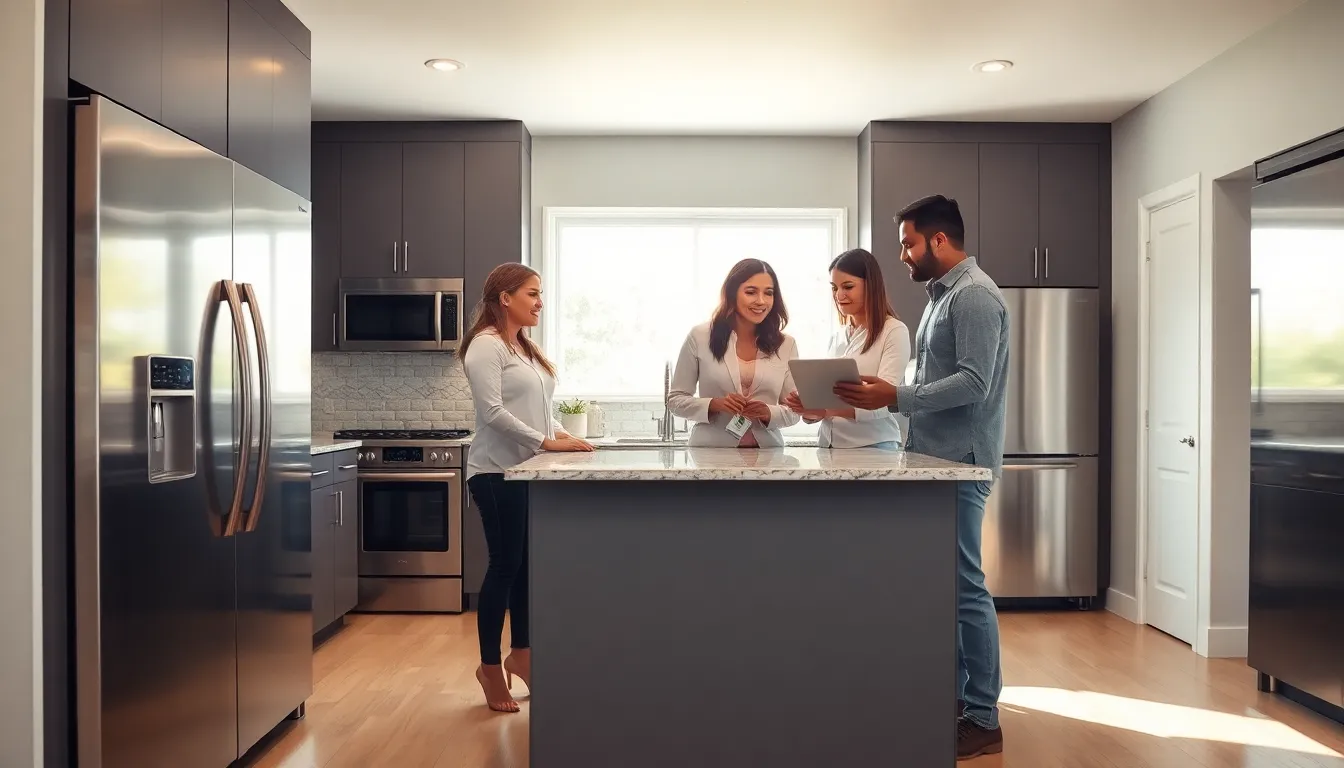 modern kitchen with stainless steel appliances and diverse professionals collaborating.