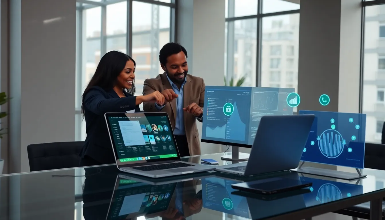 diverse team collaborating with a digital solution in a modern office.