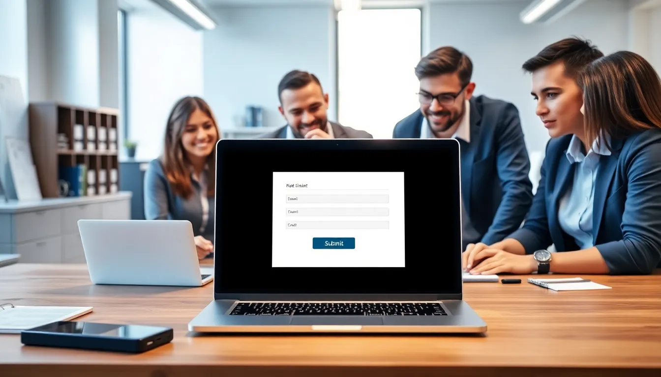 laptop screen displaying a disabled submit button in a modern workspace.