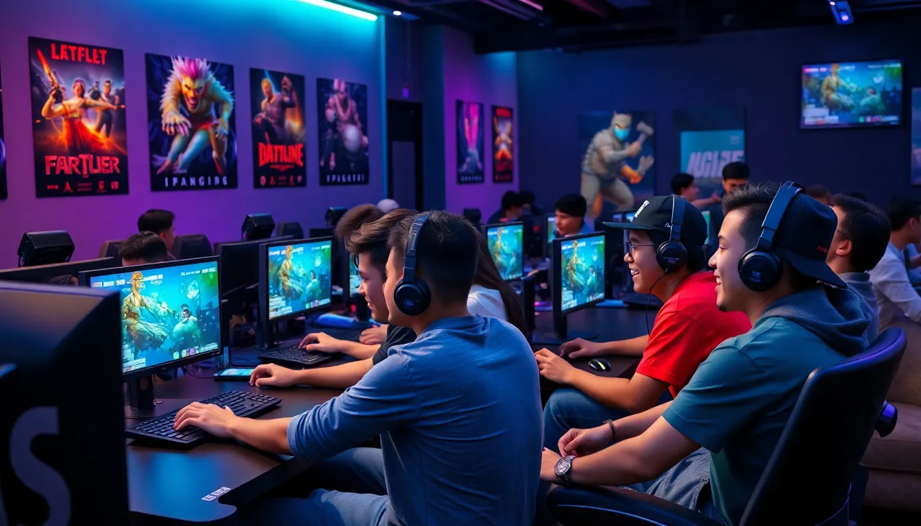 diverse group of gamers collaborating in a modern gaming lounge.