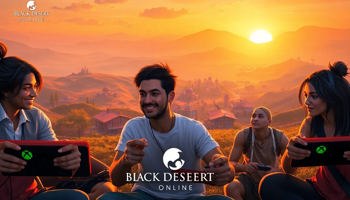 diverse gamers playing Black Desert Online on Xbox in a vibrant fantasy landscape.