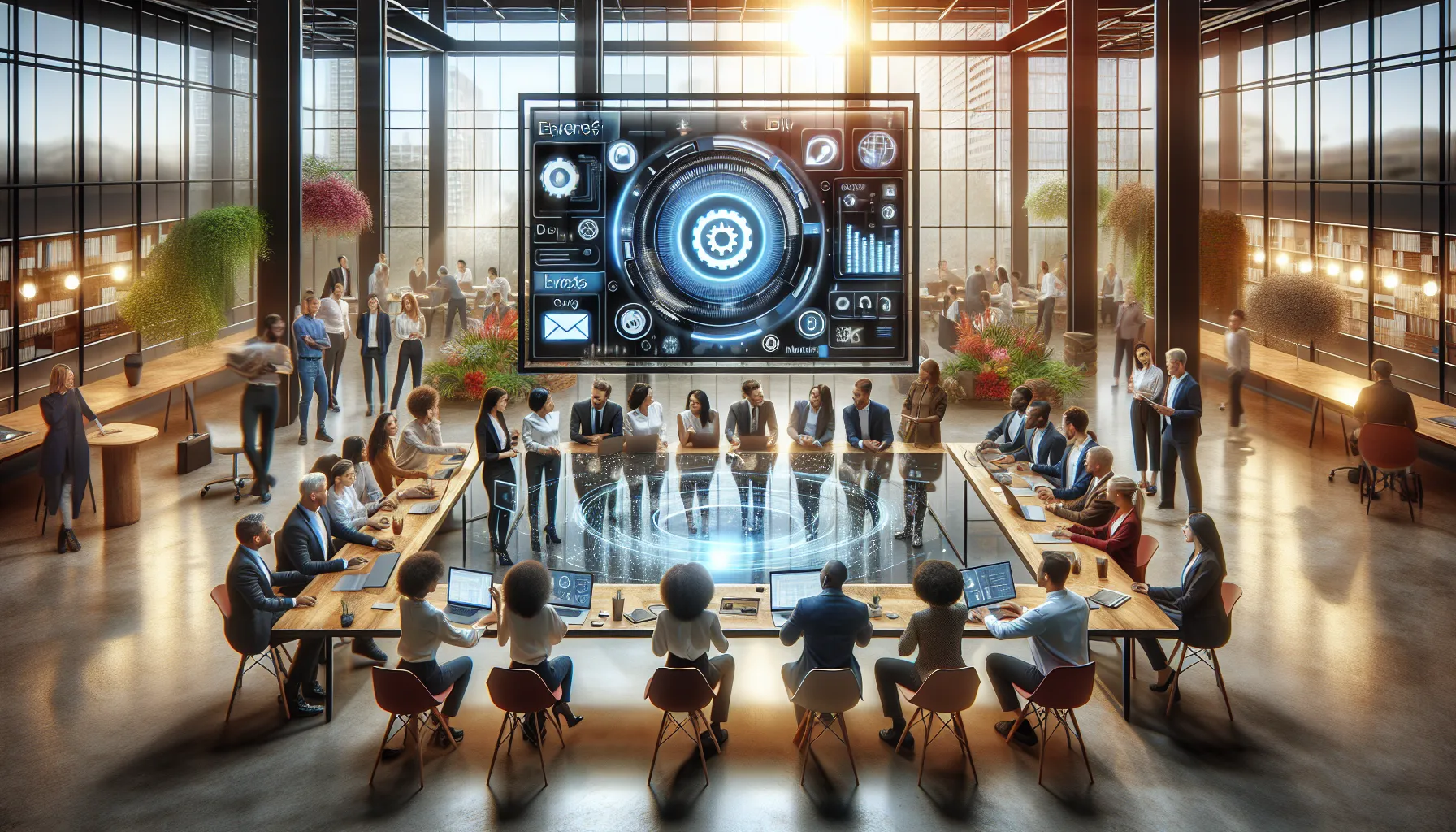 diverse team collaborating in a modern office using G&T Guild Portal.