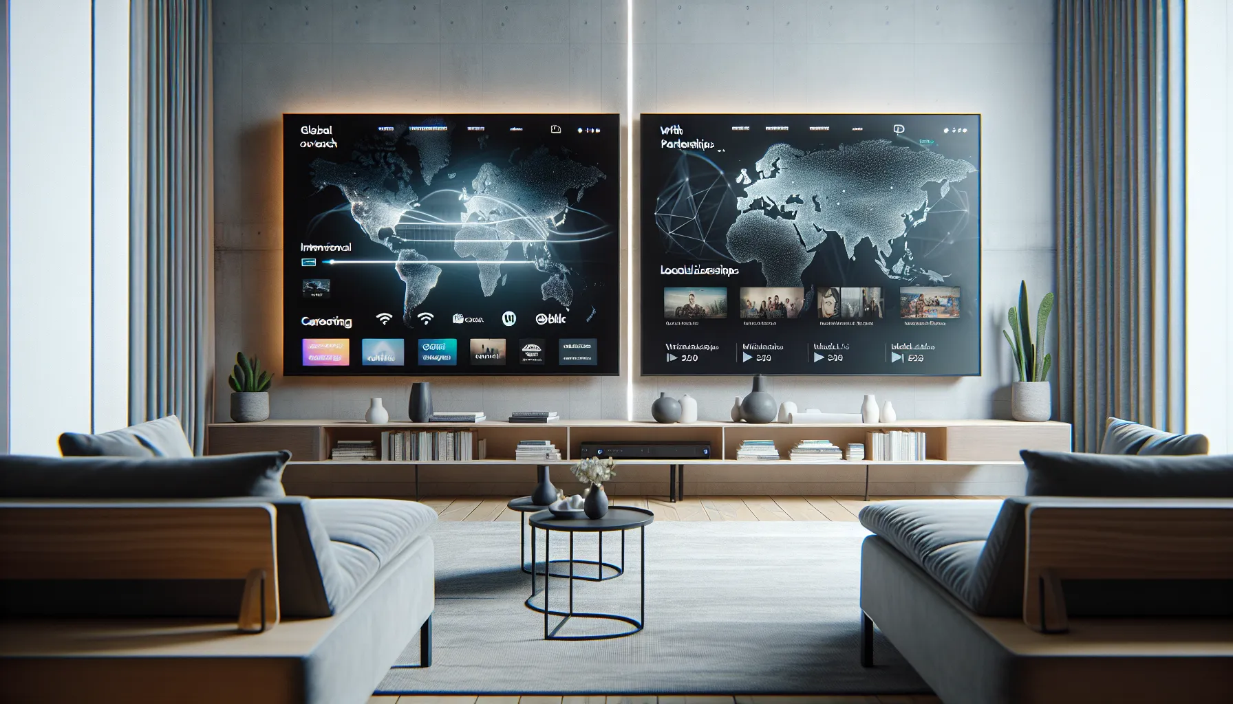 Two TV interfaces illustrating Tubi and Pluto TV's global reach distinctions.