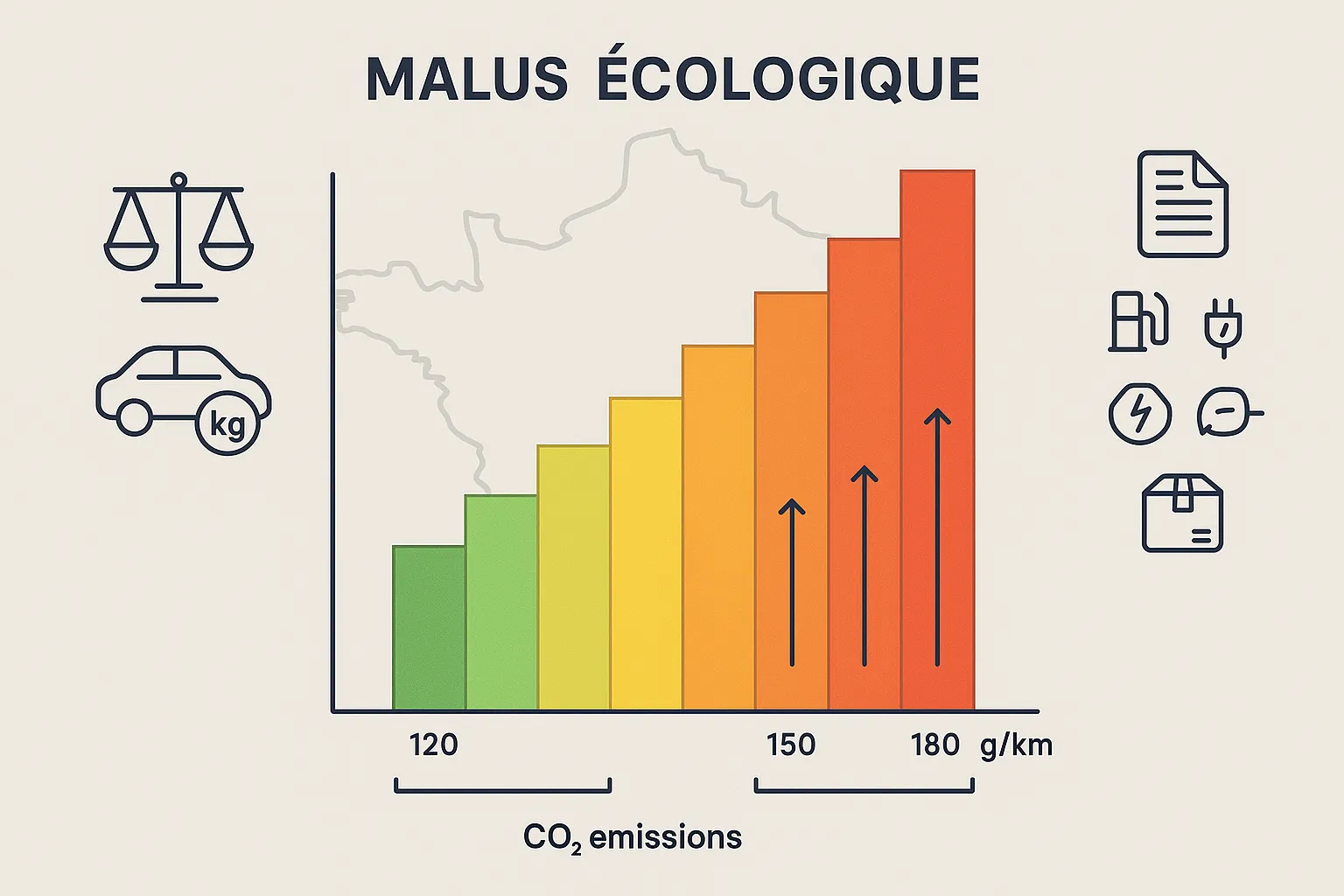 Infographic showing French eco-tax rising sharply with car CO2 emissions.