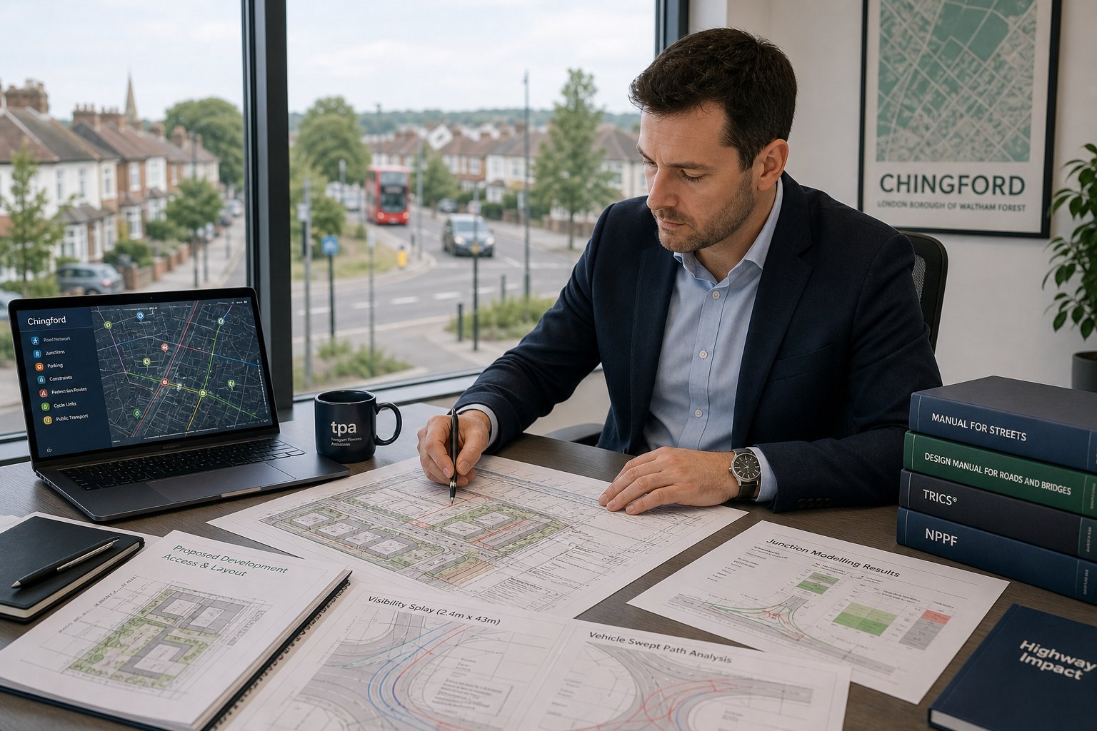 Traffic engineer reviewing development plans and local road network analysis.