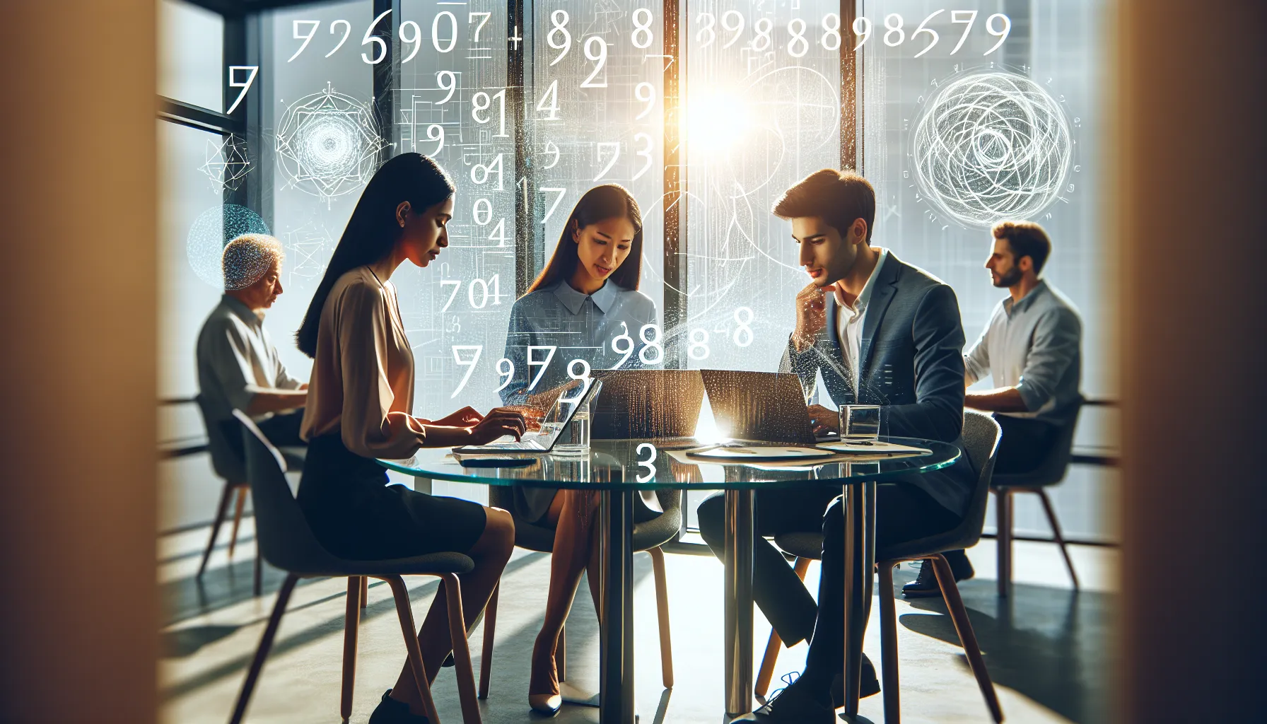 diverse team analyzing numerical patterns in a modern office.