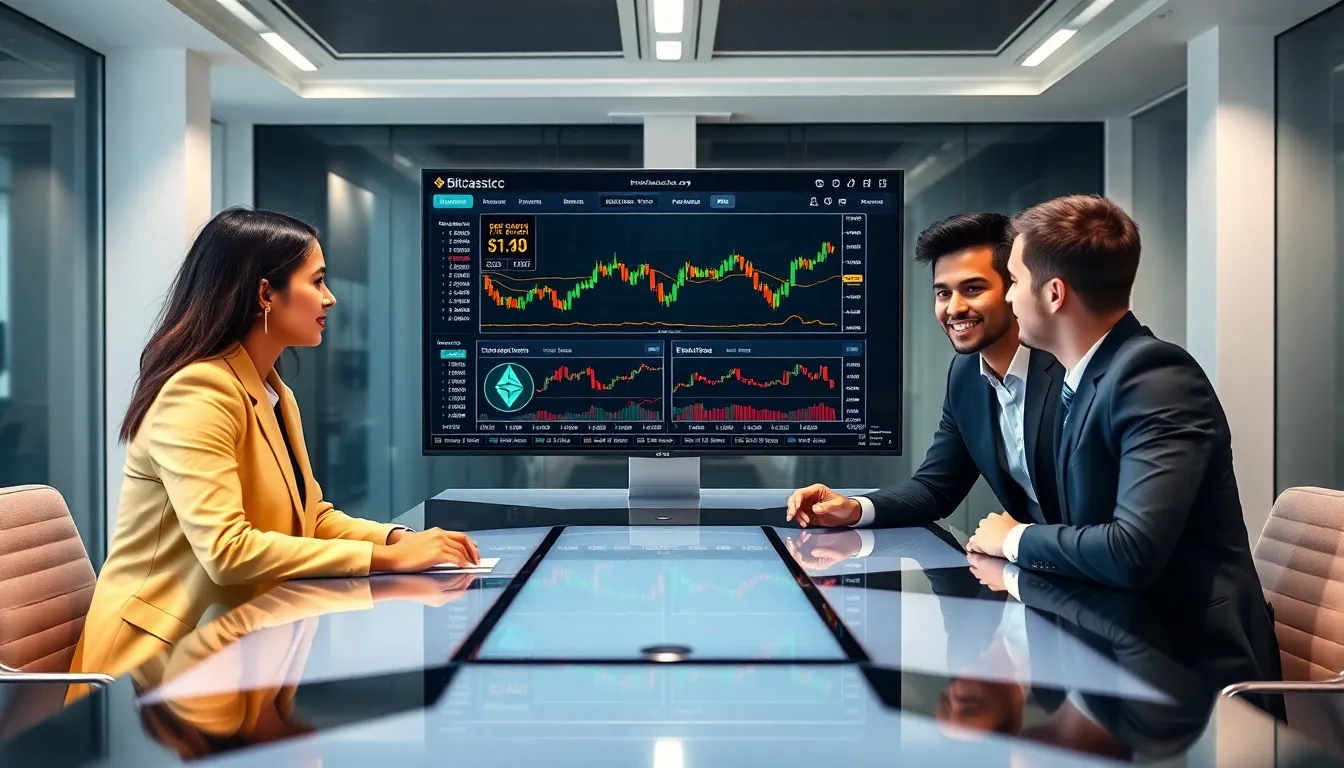 diverse professionals discussing cryptocurrency in a modern office.