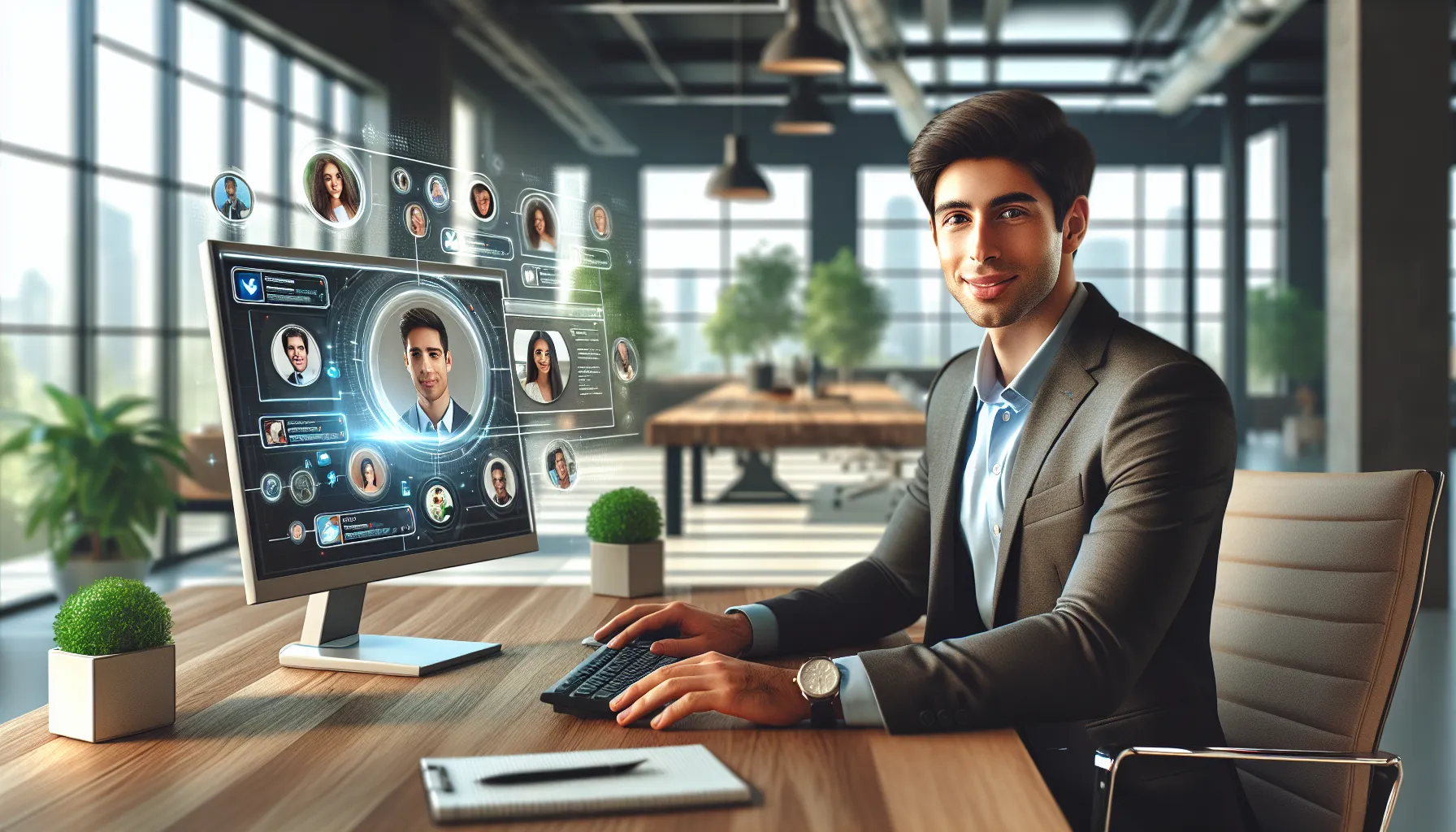 professional connecting with social media profiles in a modern office.