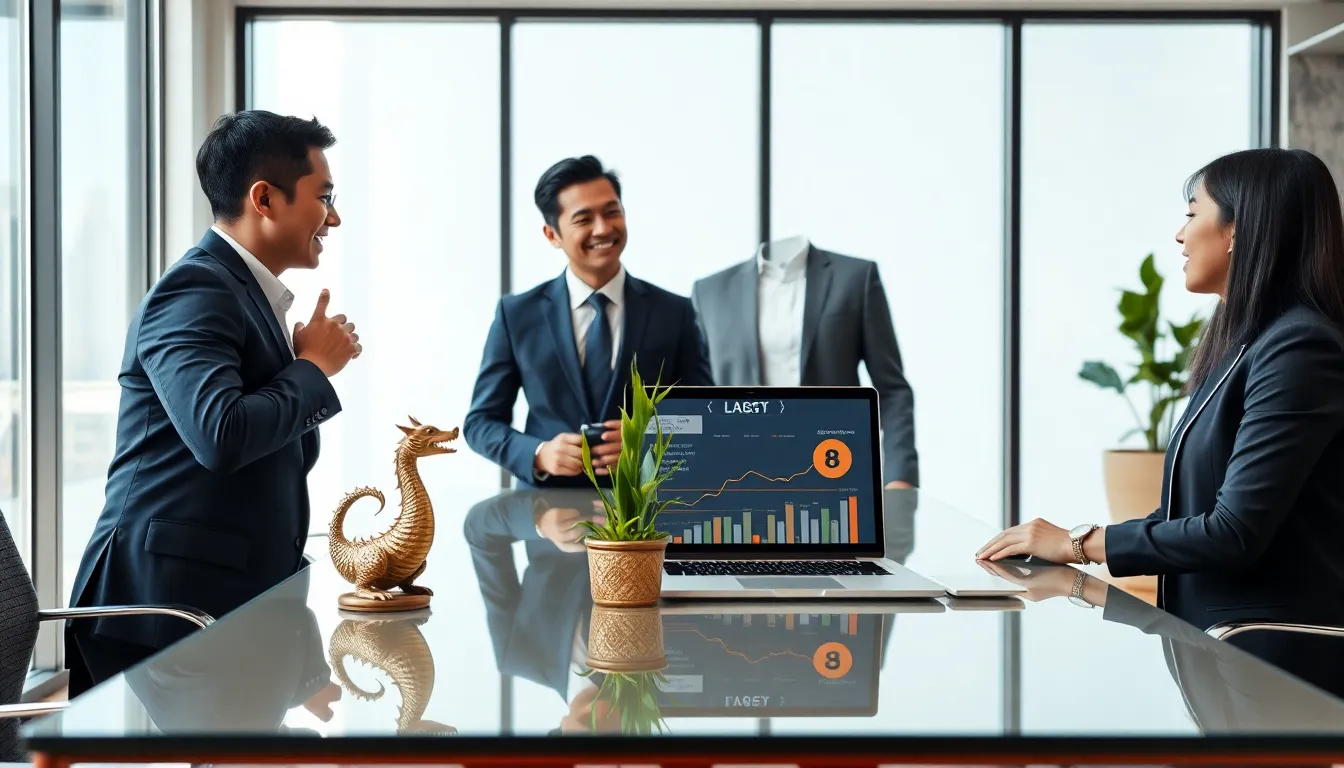 professionals discussing business luck symbols in a modern office.