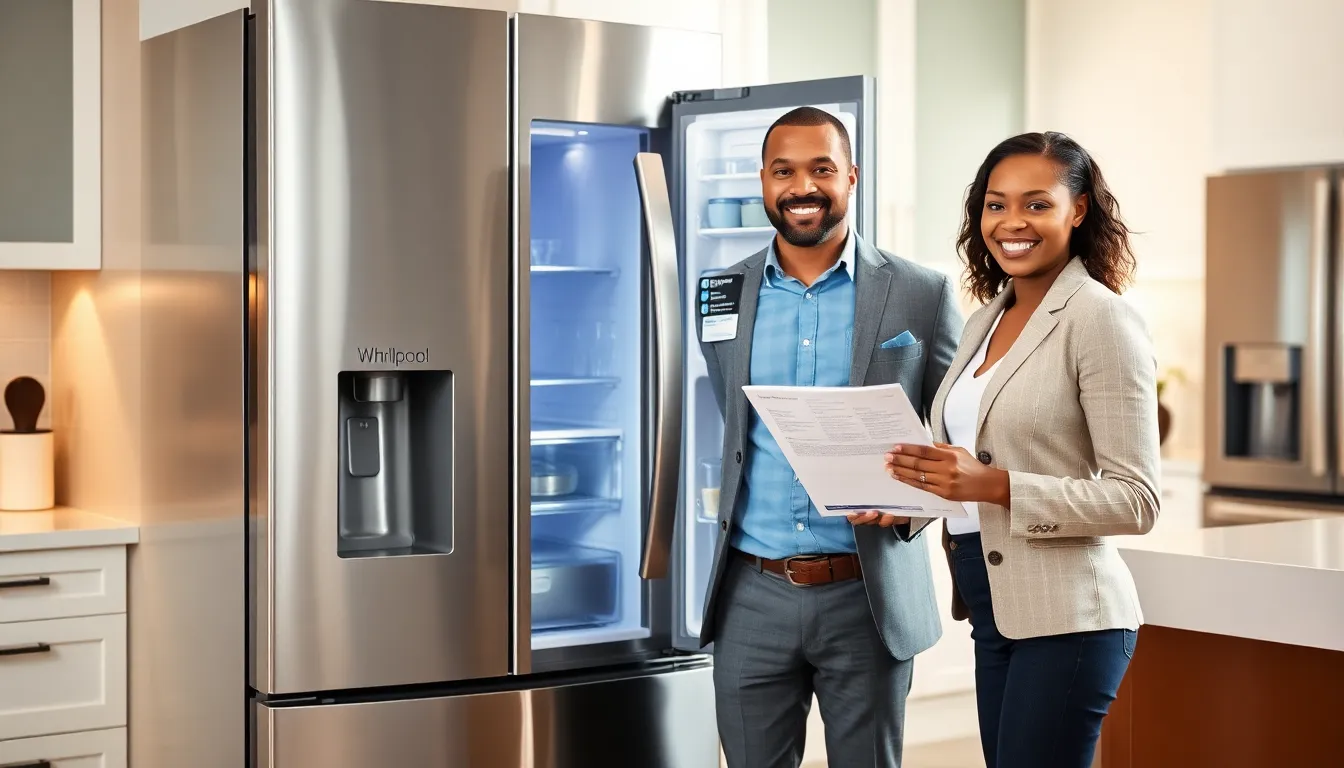 person demonstrating water filter reset on a Whirlpool refrigerator in a modern kitchen.