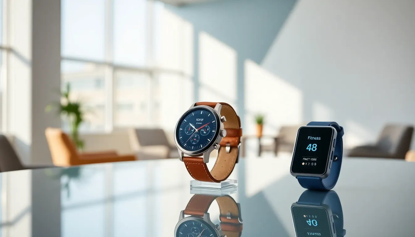 display of Fossil Q wearables on a sleek surface.