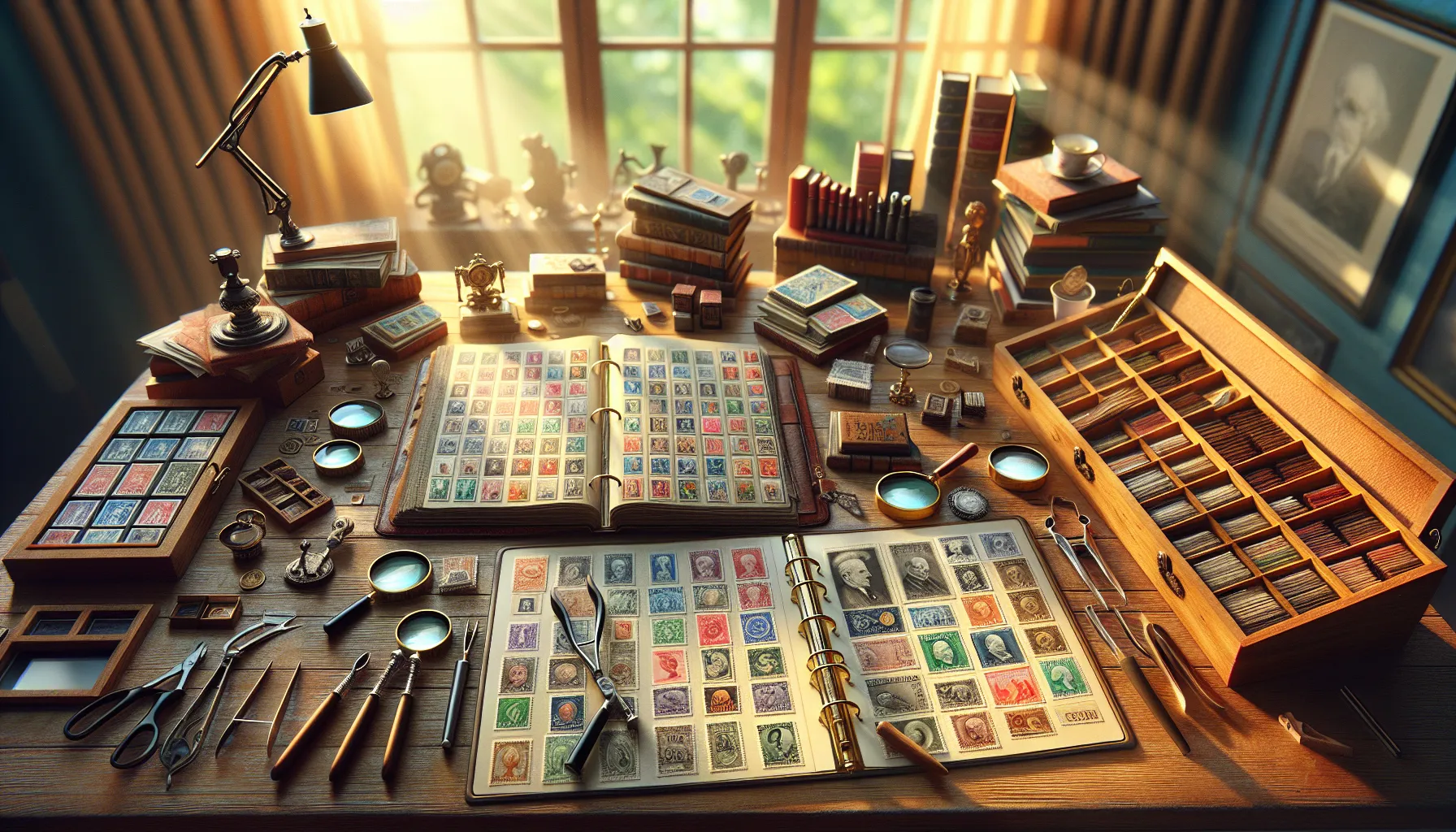 A stamp collector's desk with tools and a colorful album.