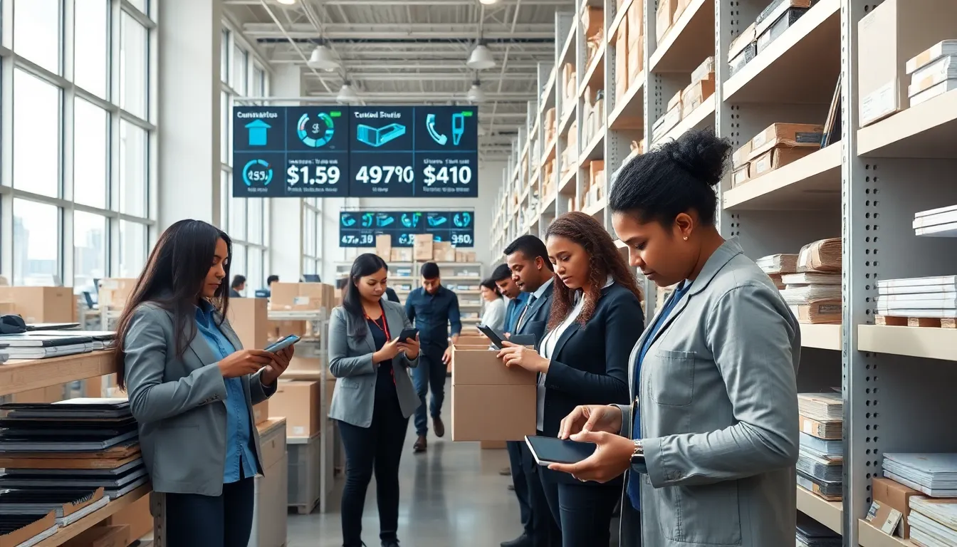 electric fulfillment team packaging gadgets in a modern warehouse.