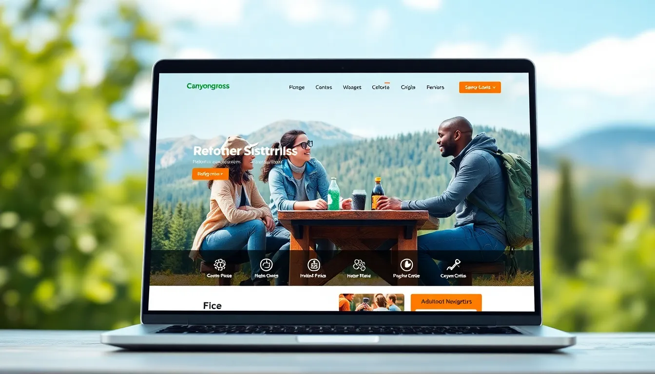 diverse group discussing outdoors on a laptop in nature.