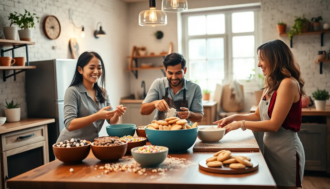 diverse team baking cookies in a cozy kitchen setting.