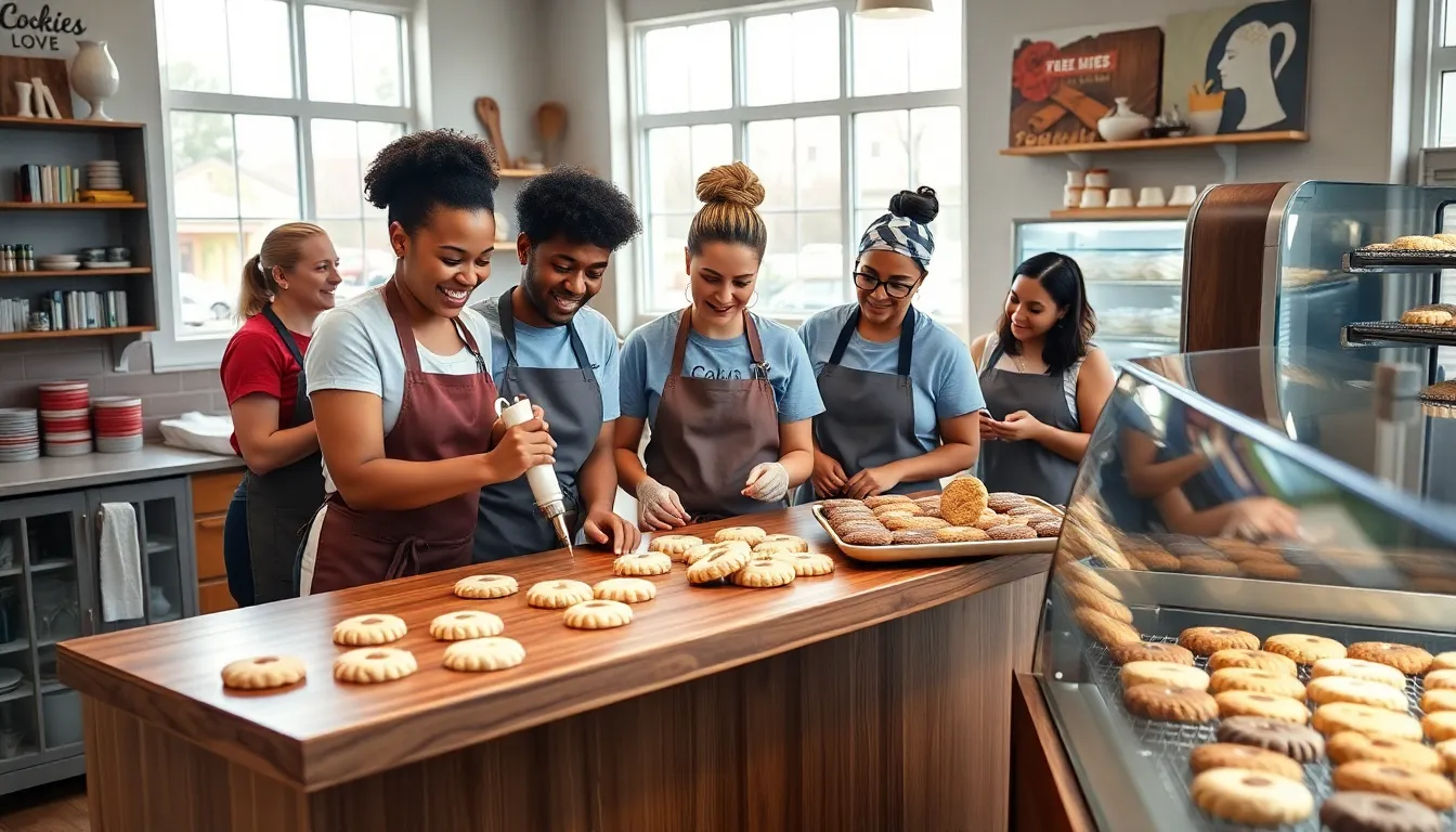 bakers collaborating in a charming bakery with freshly baked cookies.