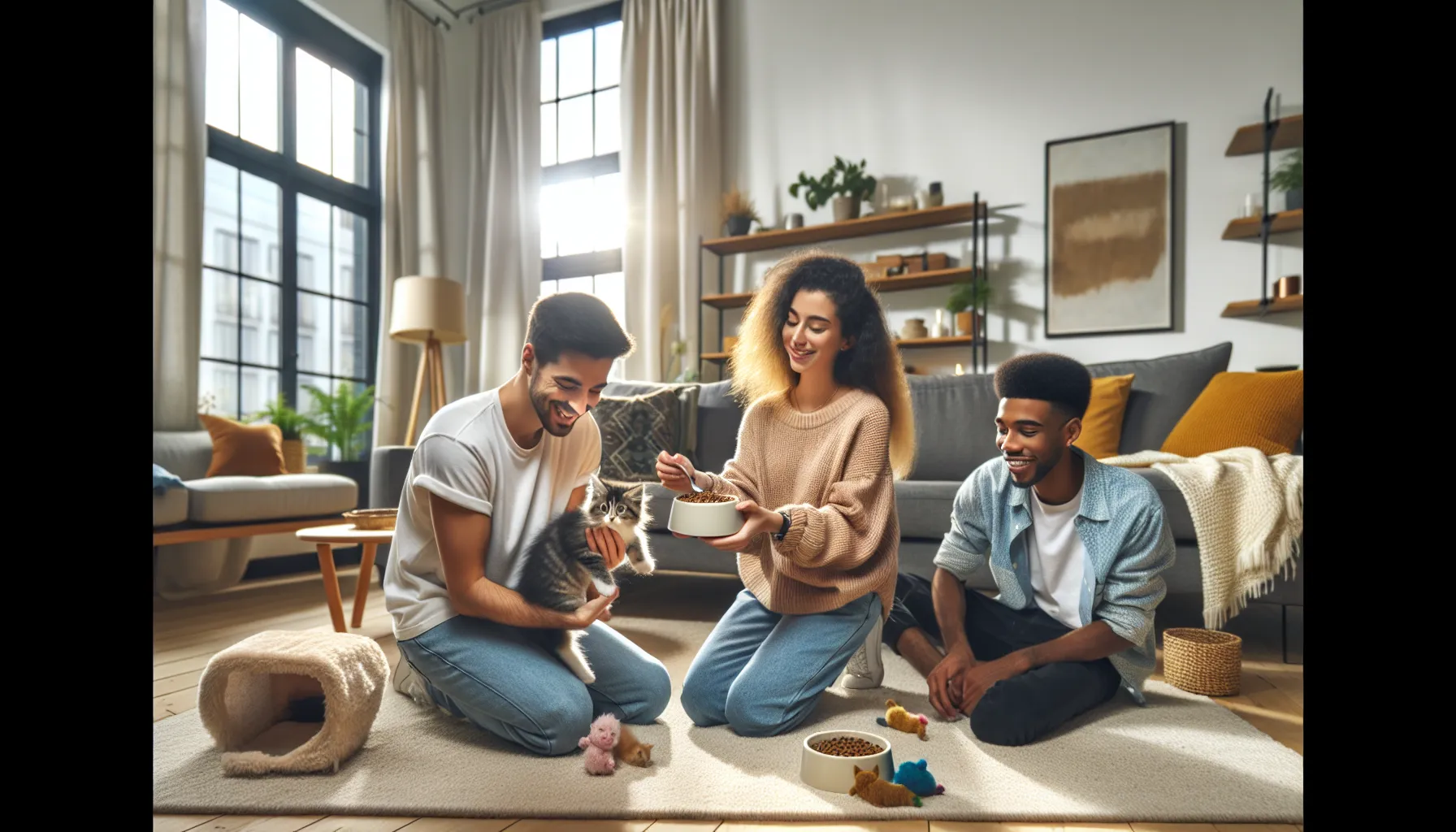 diverse group caring for kittens in a modern home.