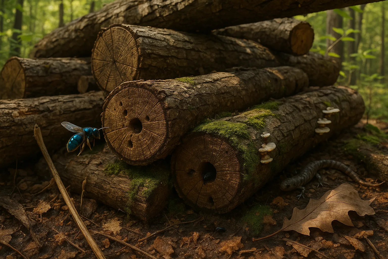 A decaying log pile in a U.S. woodland with a solitary mason bee near a cavity.