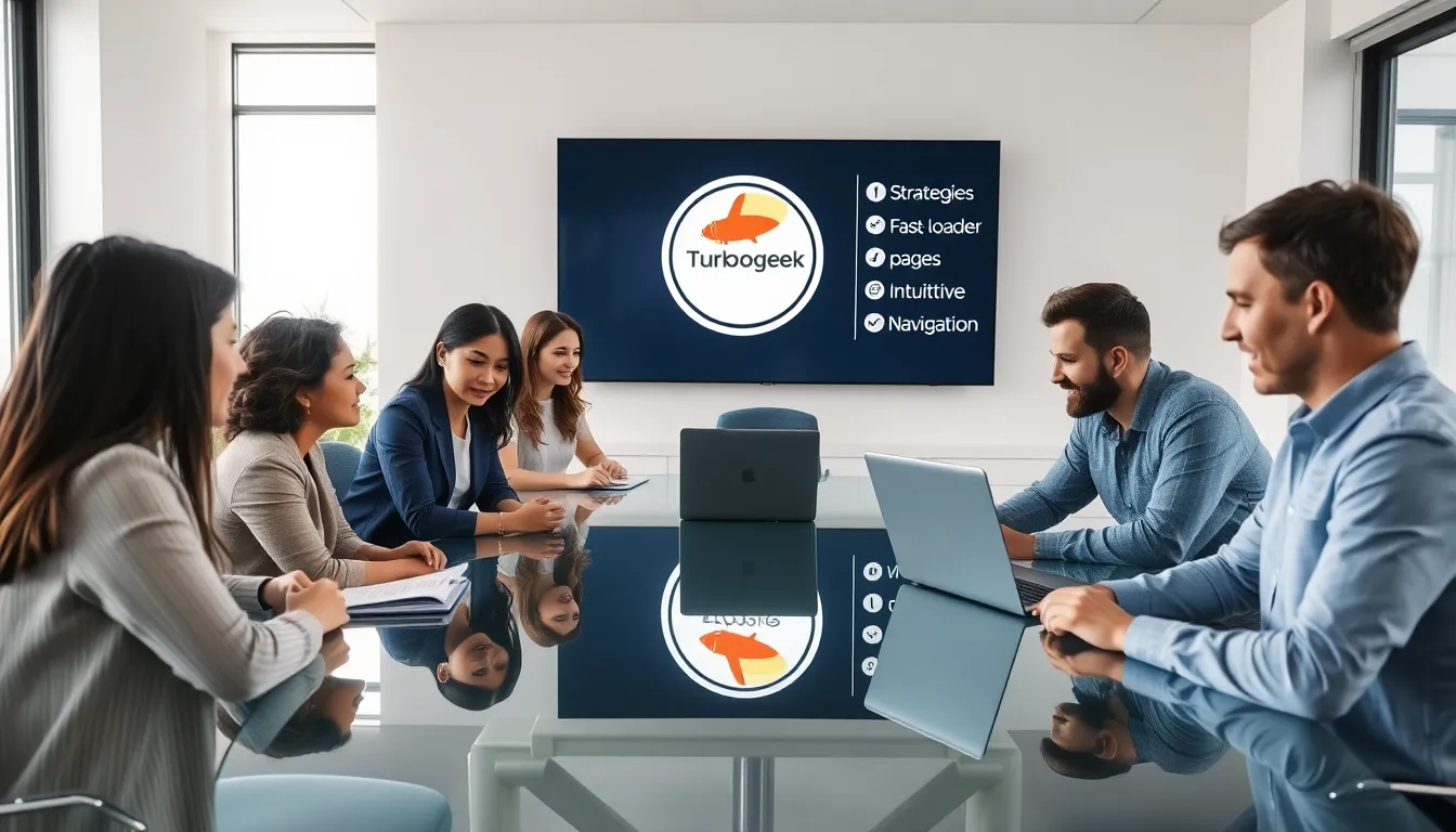 diverse team collaborating in a modern workspace with Turbogeek branding.